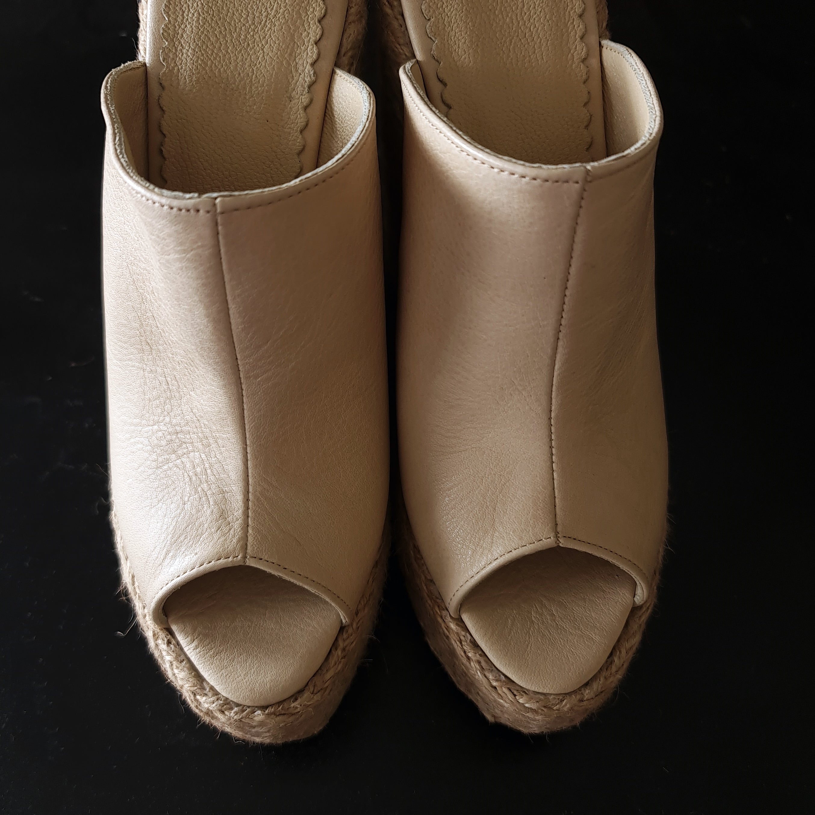 Cream Genuine Leather Espadril Heel Wedge Mules