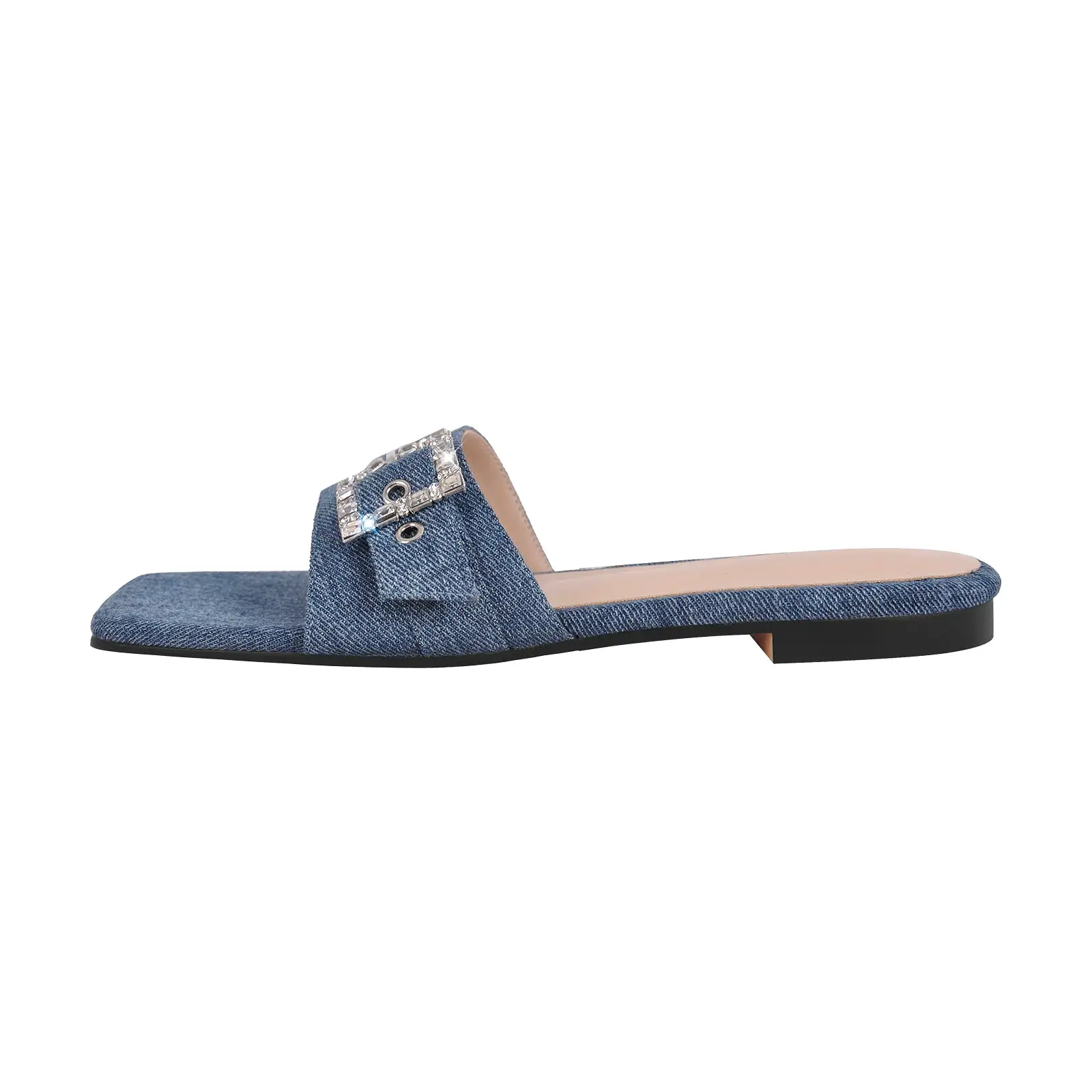 Denim Square Toe Buckle Strap Flats