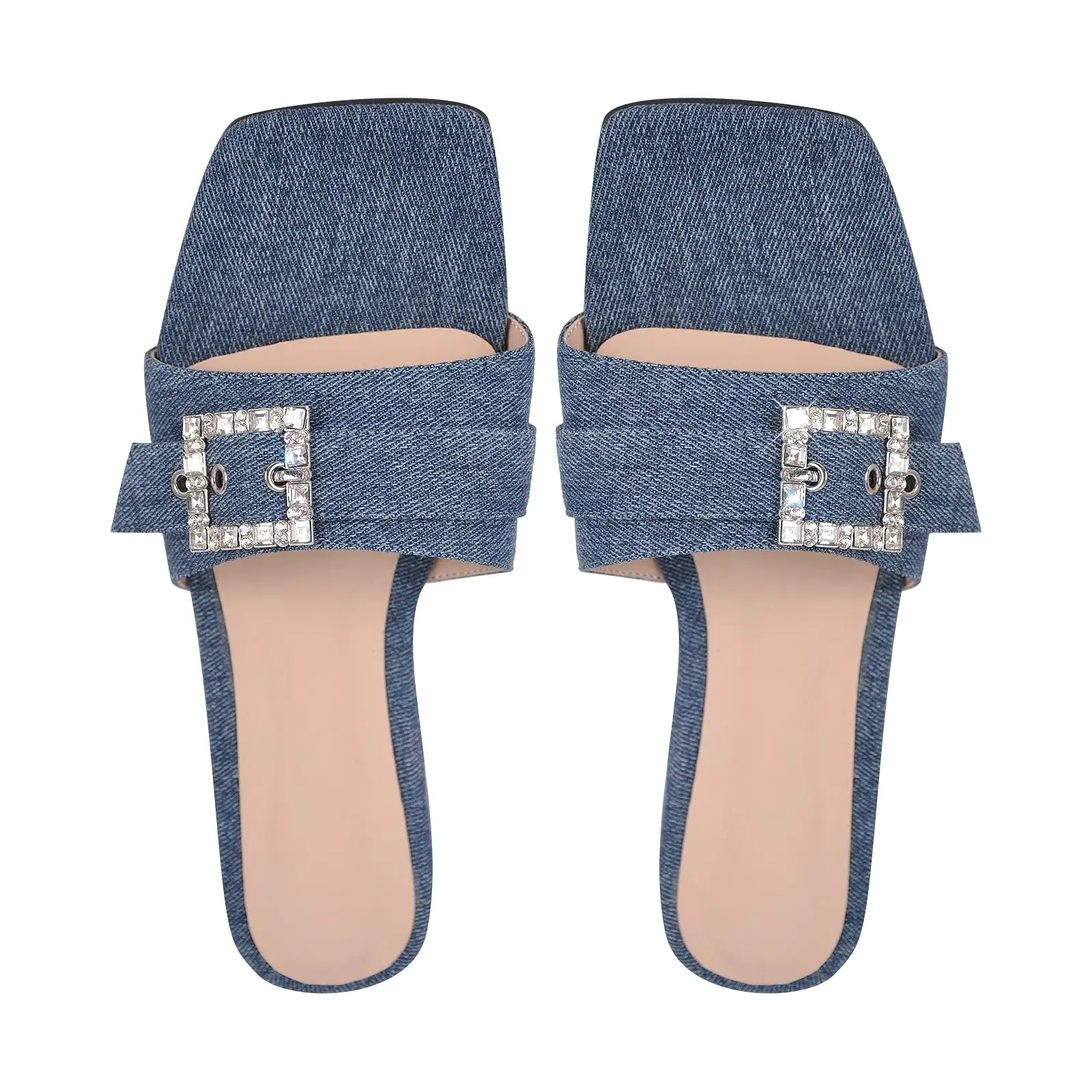 Denim Square Toe Buckle Strap Flats