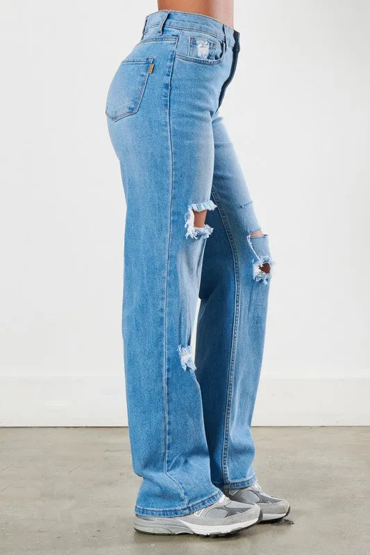 Distressed Medium Stone Wide Leg Jeans