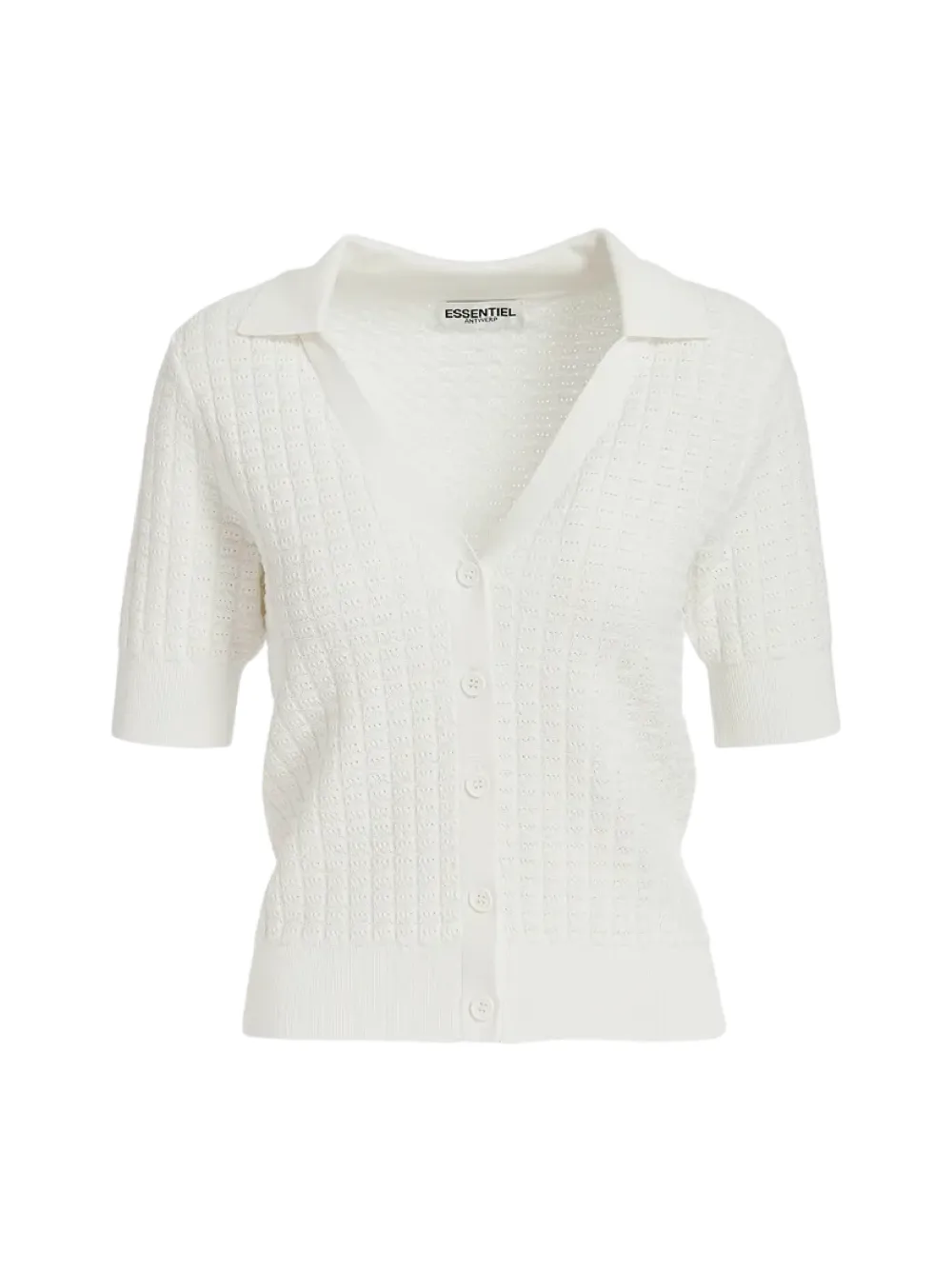 Essentiel Antwerp Fabio Knitted V-Neck Polo Top in Off White