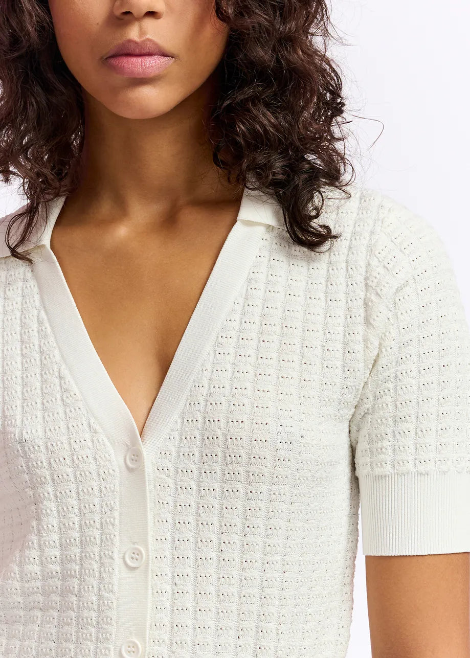 Essentiel Antwerp Fabio Knitted V-Neck Polo Top in Off White