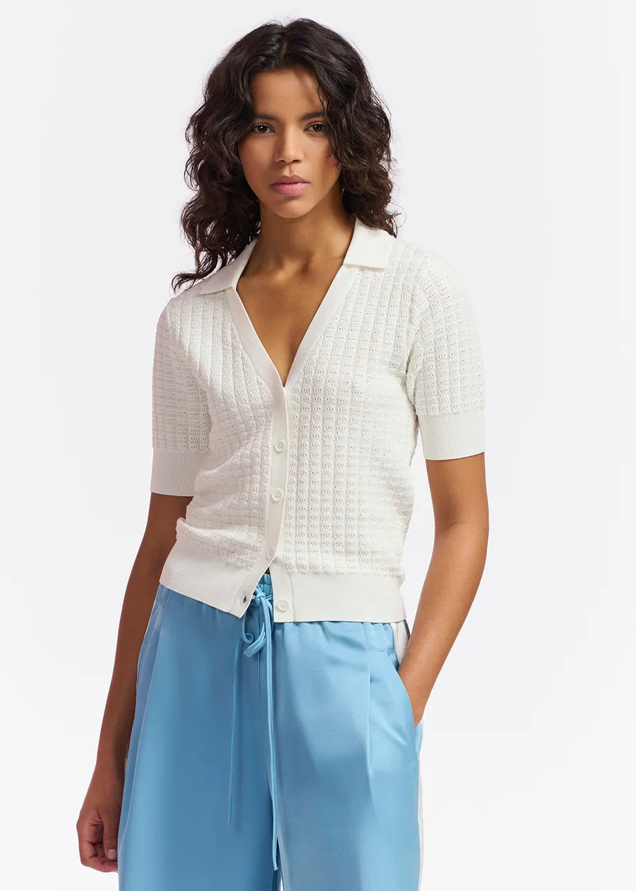 Essentiel Antwerp Fabio Knitted V-Neck Polo Top in Off White