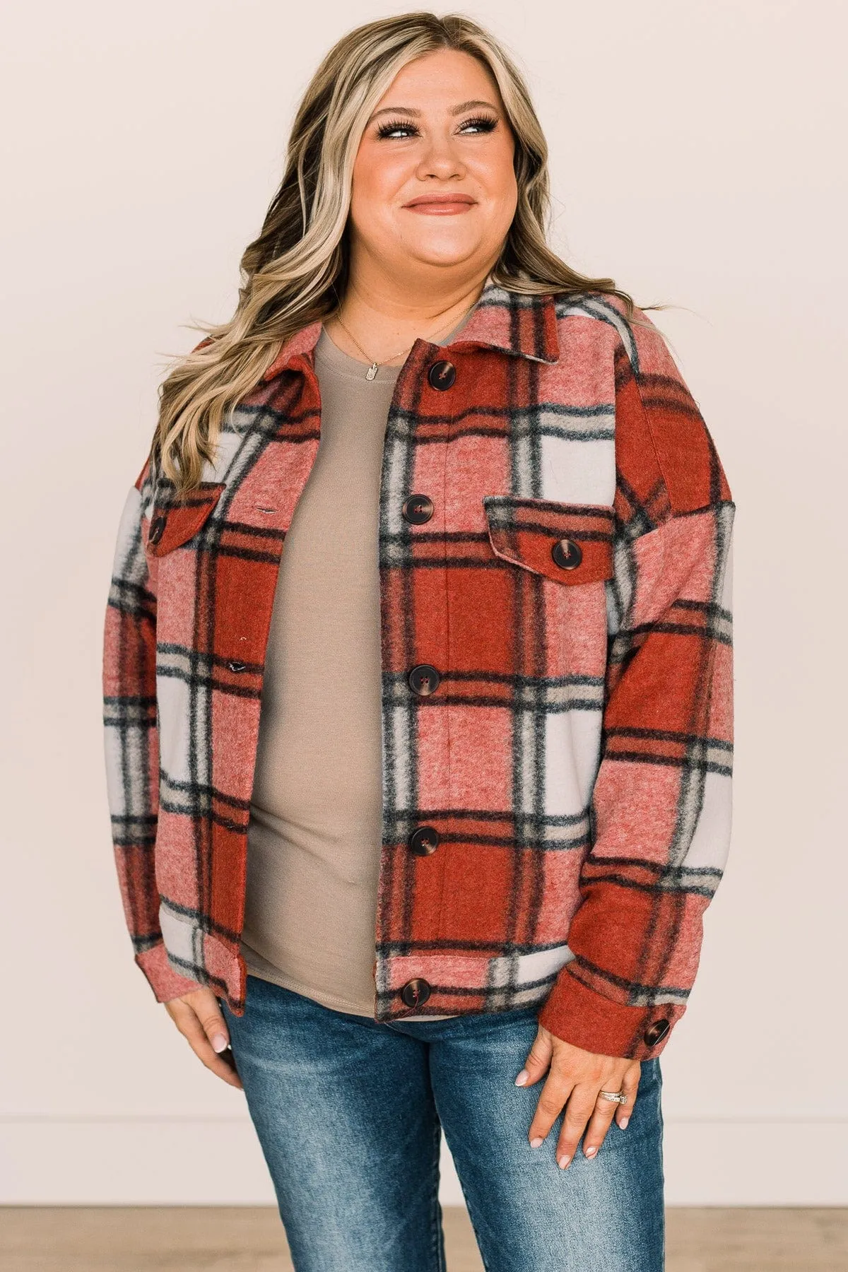 Face The Day Plaid Button Jacket- Red & Ivory