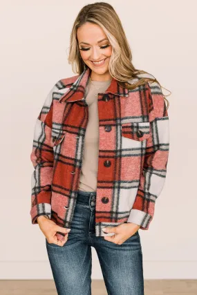 Face The Day Plaid Button Jacket- Red & Ivory