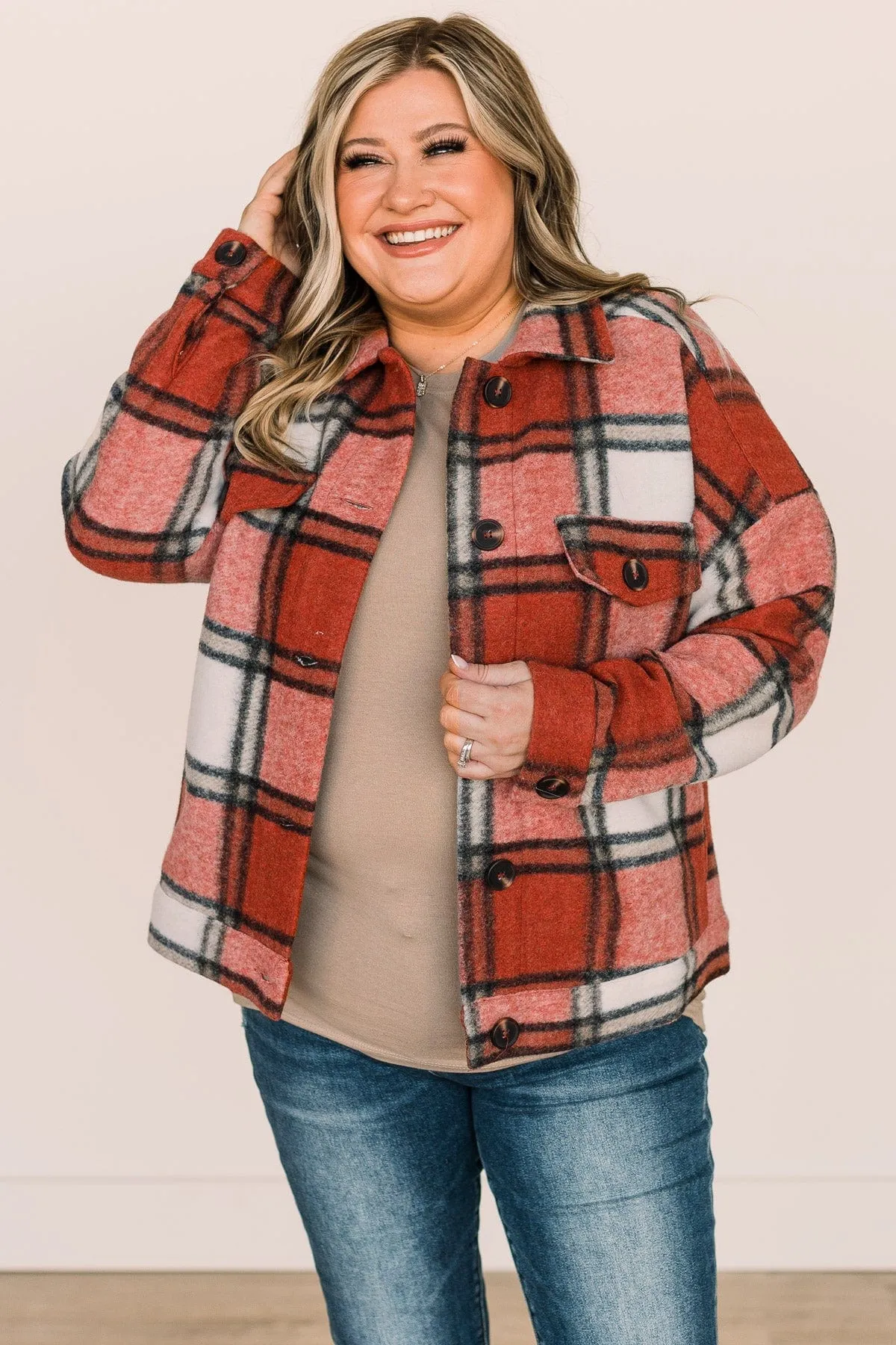 Face The Day Plaid Button Jacket- Red & Ivory