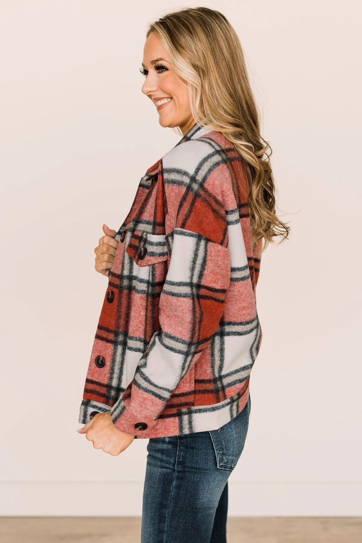 Face The Day Plaid Button Jacket- Red & Ivory