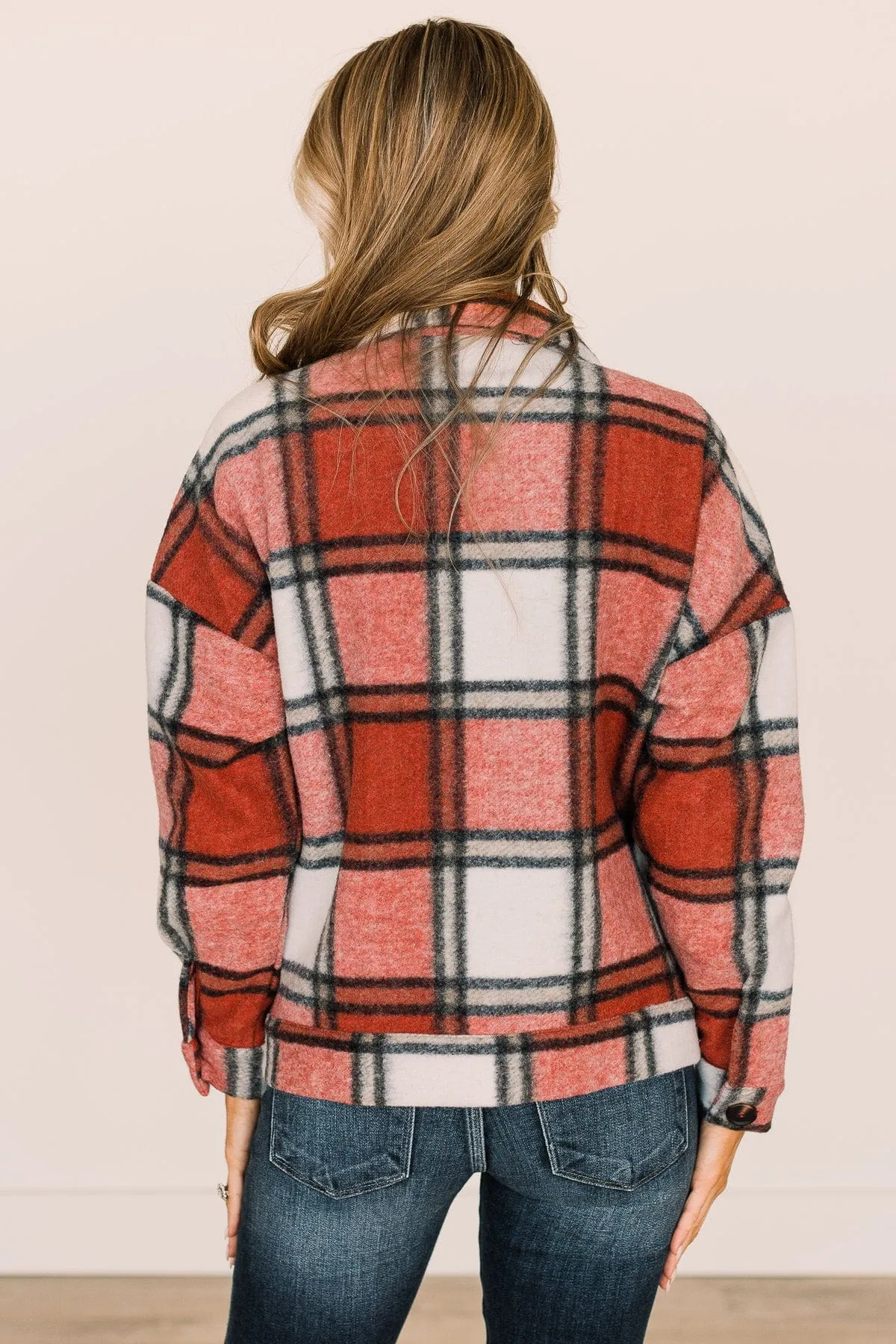 Face The Day Plaid Button Jacket- Red & Ivory