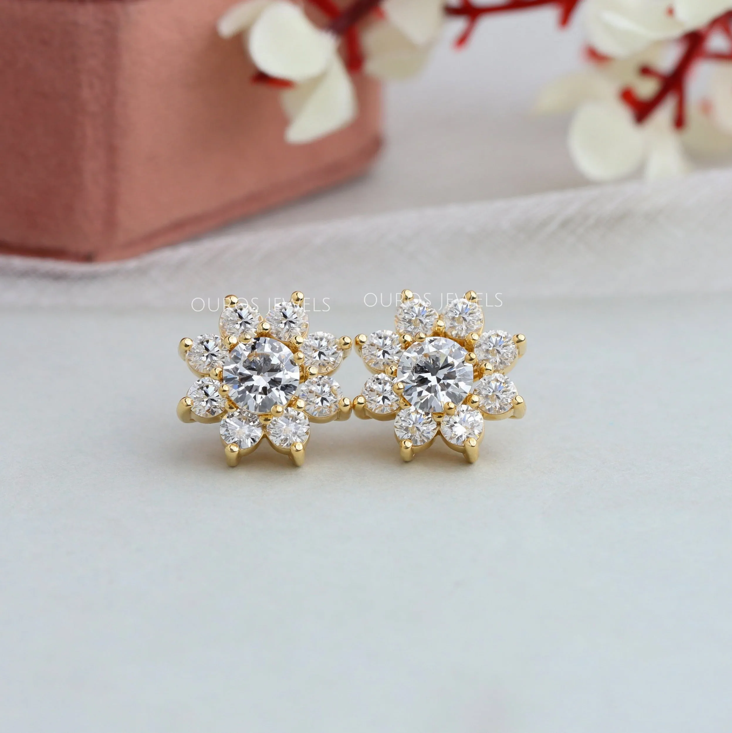 Flower Shape Round Cut Halo Jacket Stud Earrings