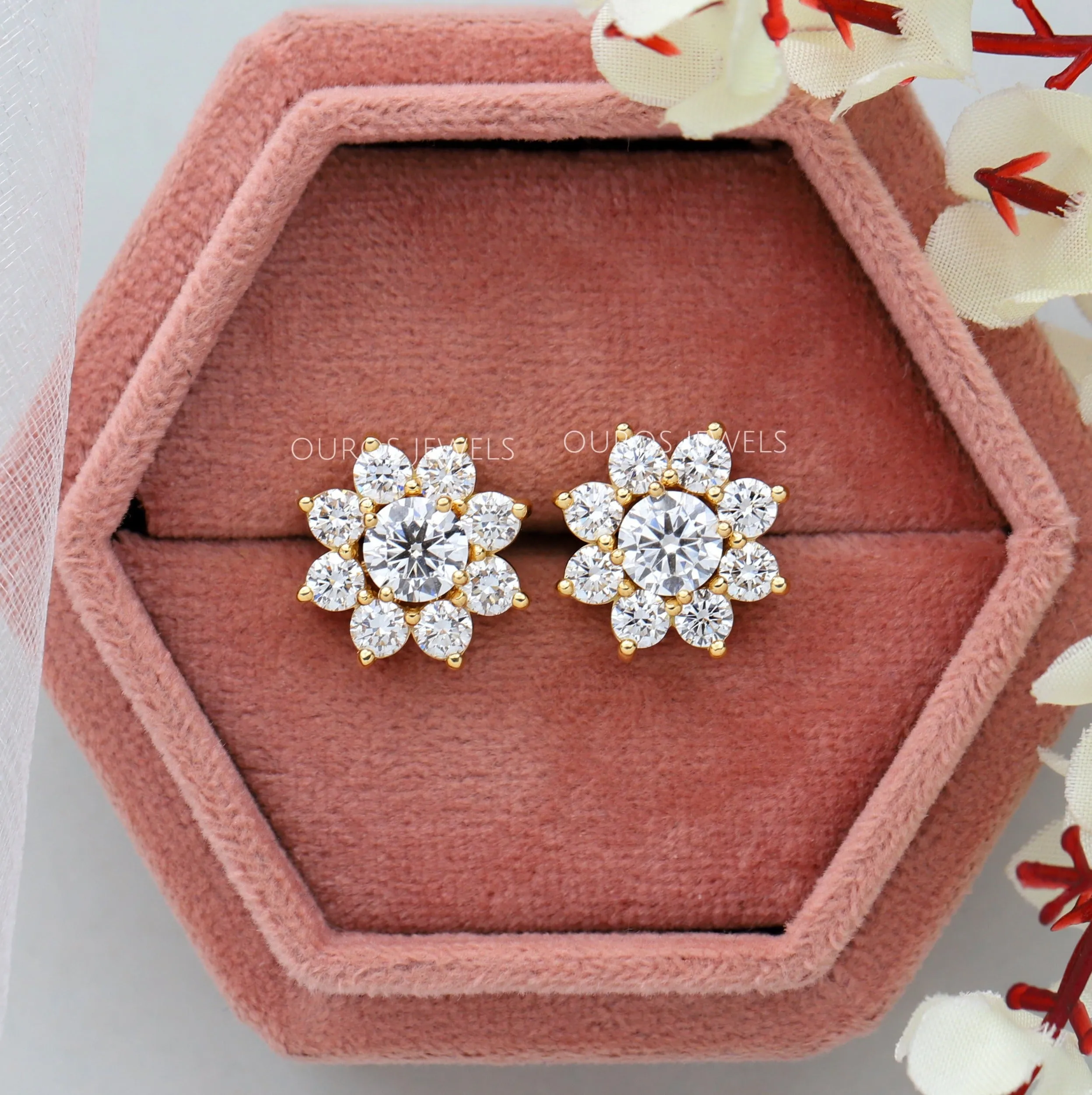 Flower Shape Round Cut Halo Jacket Stud Earrings