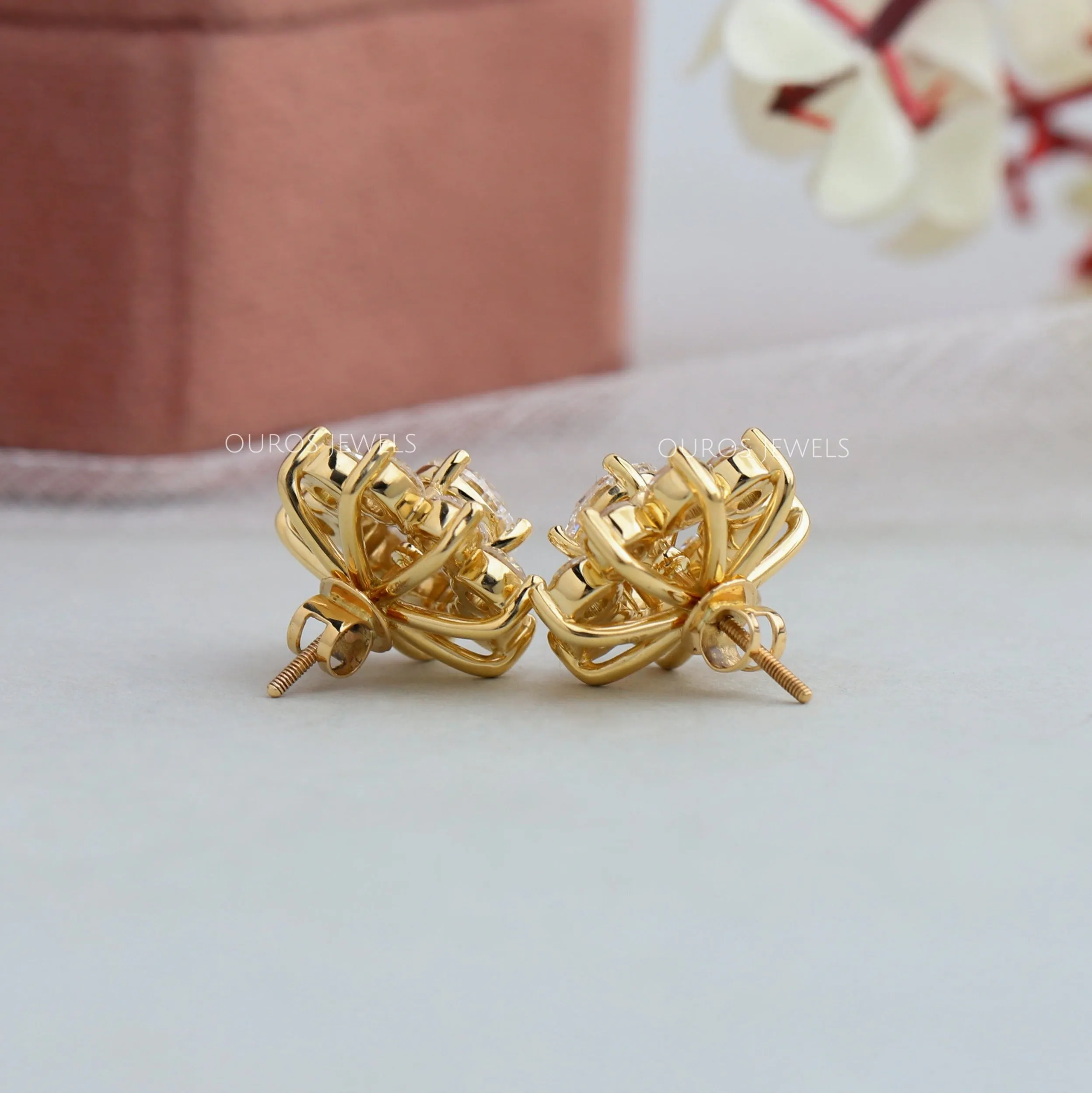 Flower Shape Round Cut Halo Jacket Stud Earrings