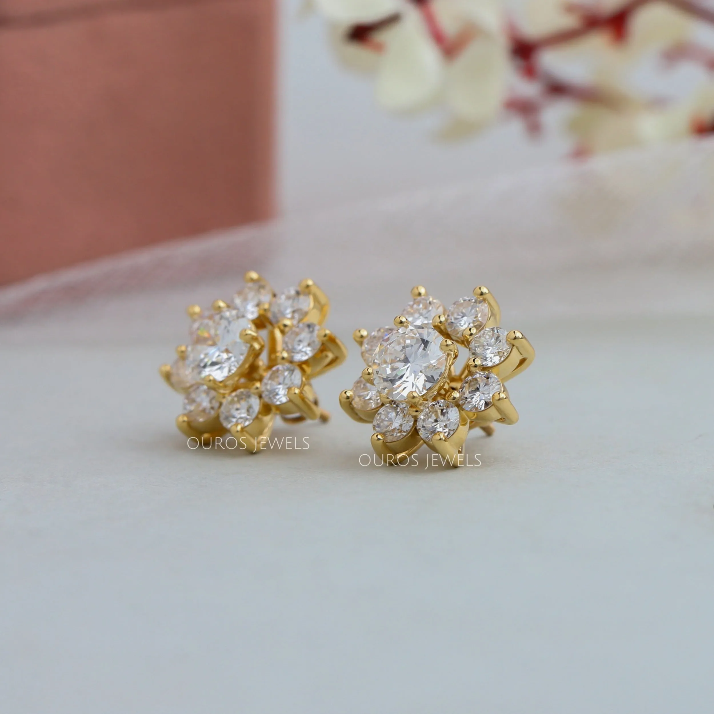 Flower Shape Round Cut Halo Jacket Stud Earrings