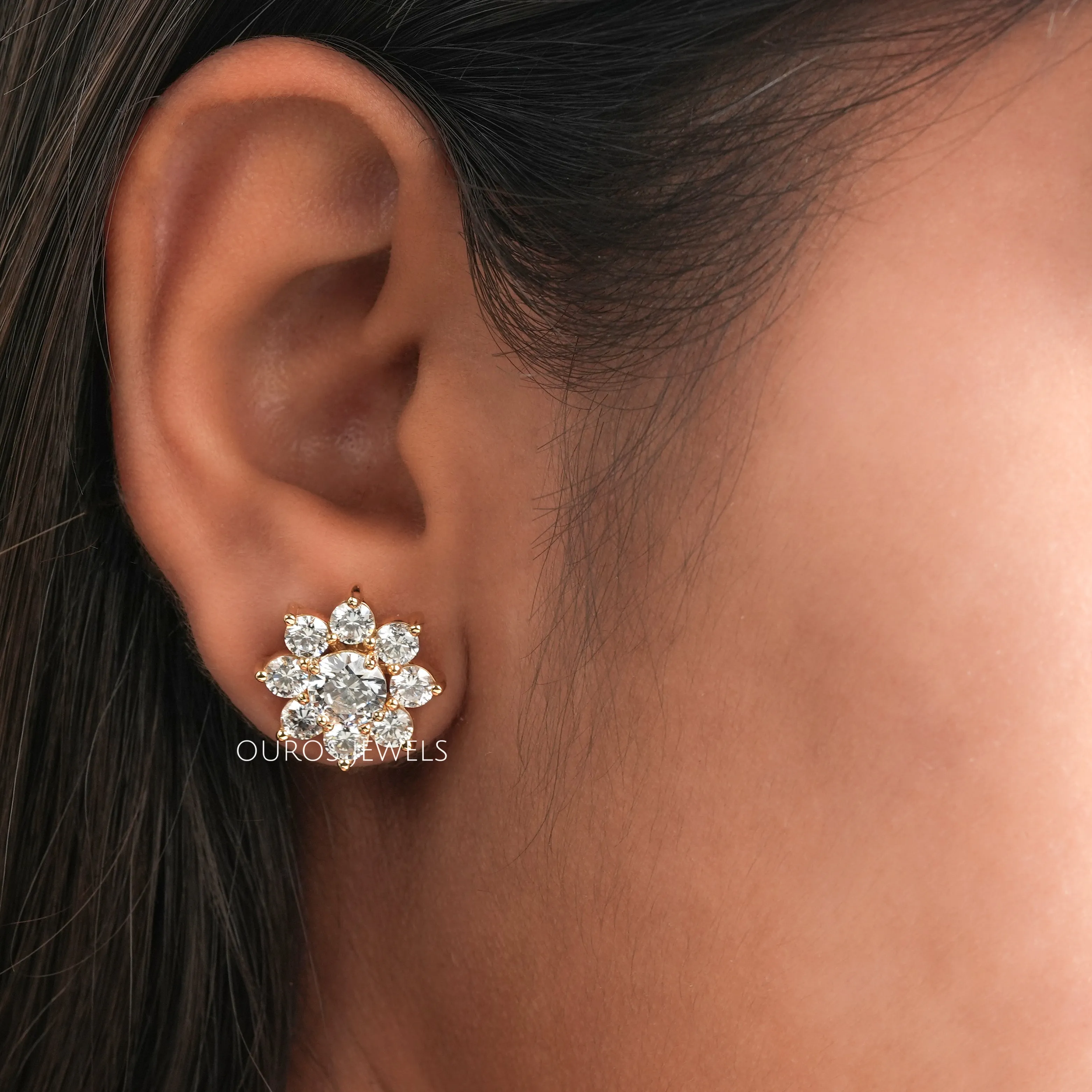 Flower Shape Round Cut Halo Jacket Stud Earrings