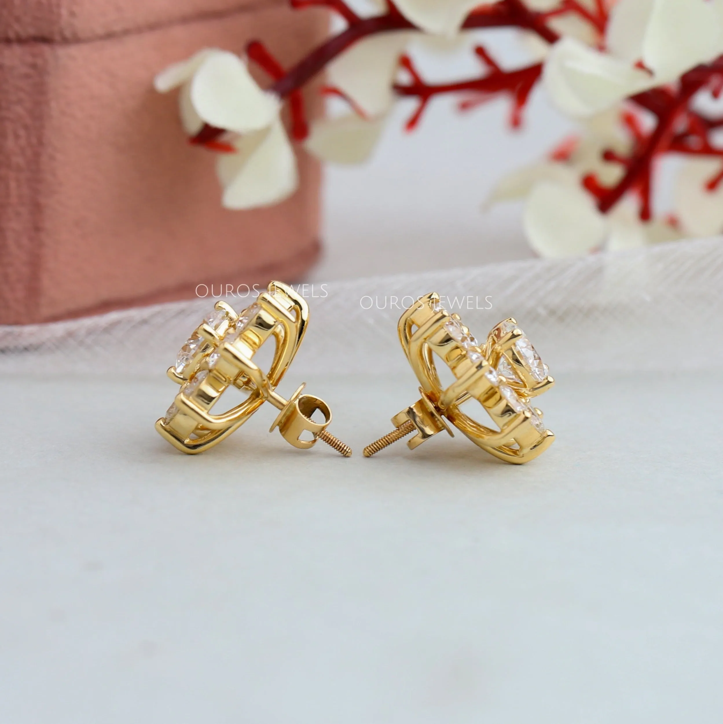 Flower Shape Round Cut Halo Jacket Stud Earrings