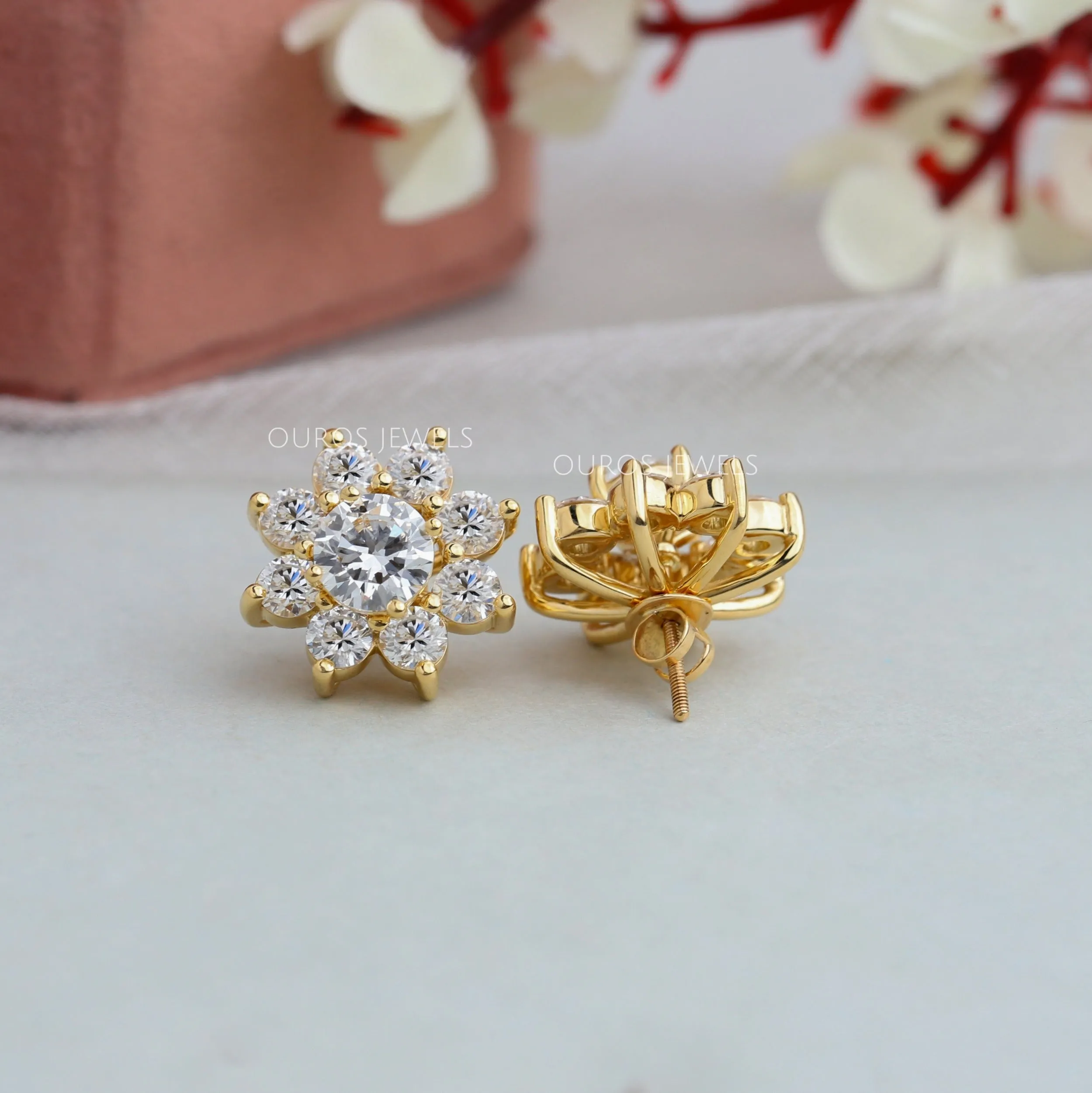 Flower Shape Round Cut Halo Jacket Stud Earrings