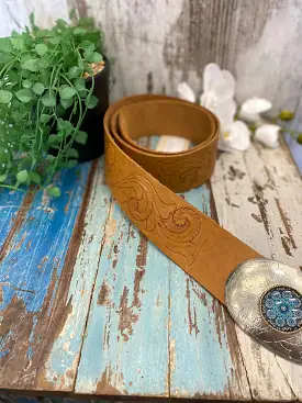 Genuine Leather Hand Tooled Belt With Hammered Oval Buckle with Mandala insert - Scrolled