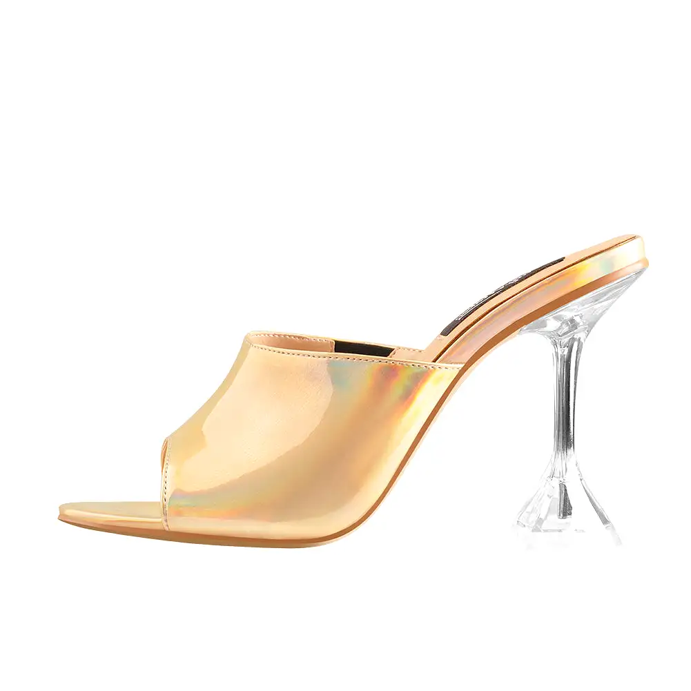 Golden Holographic Transparent Tapered Heel Sandals Mules