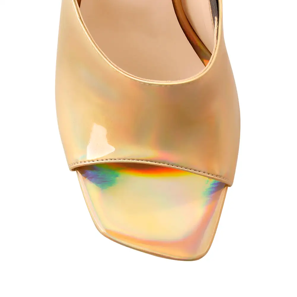 Golden Holographic Transparent Tapered Heel Sandals Mules