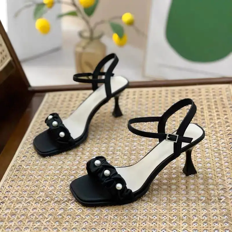 High-heeled, French pearls, square toe sandals for women