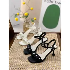 High-heeled, French pearls, square toe sandals for women