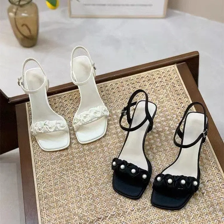 High-heeled, French pearls, square toe sandals for women