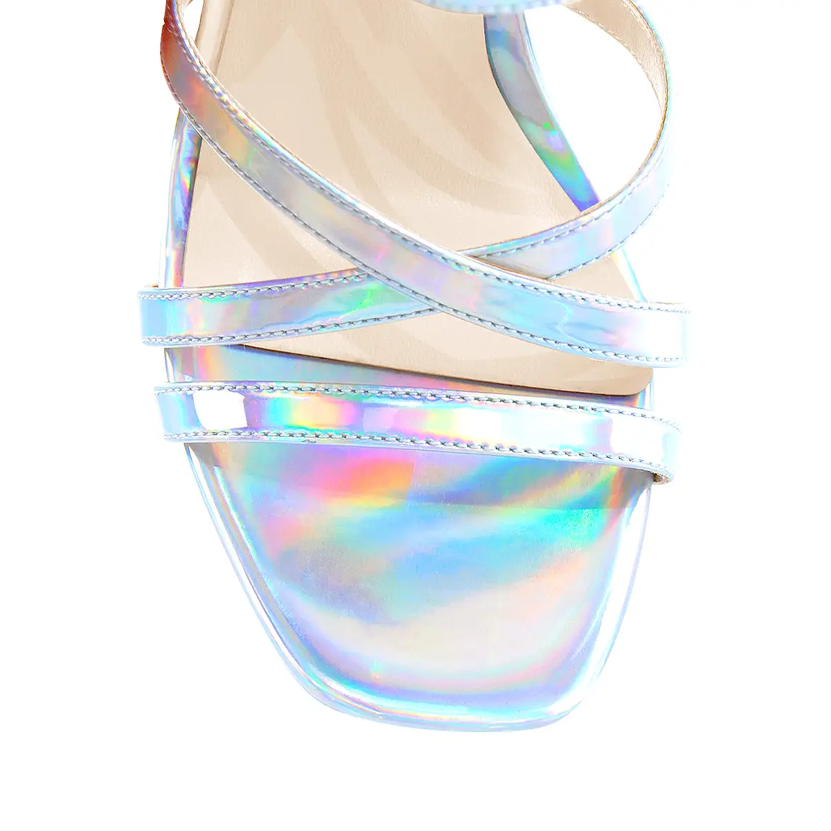 Holographic Open Toe Platform Cross Ankle Strap Chunky Square Heels Sandals