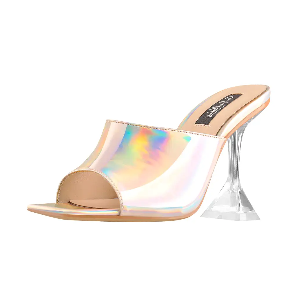 Holographic Transparent Tapered Heel Sandals Mules