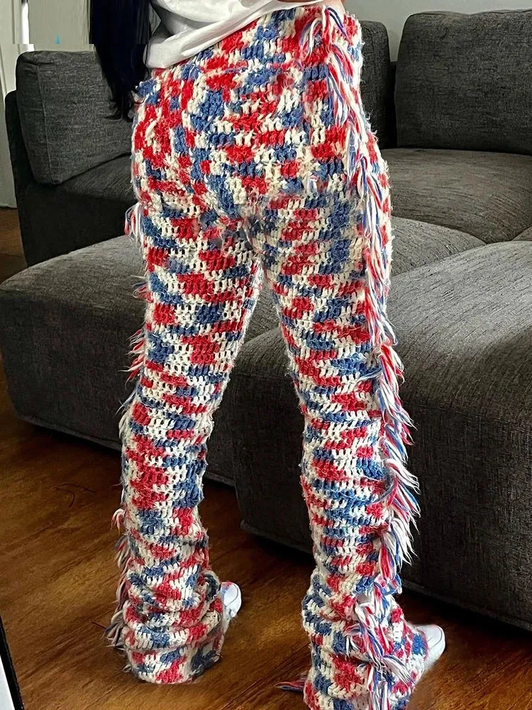 Knit Colorful Plaid Pants Women Fall Trend Skinny Stretch Side Furry Casual Trousers