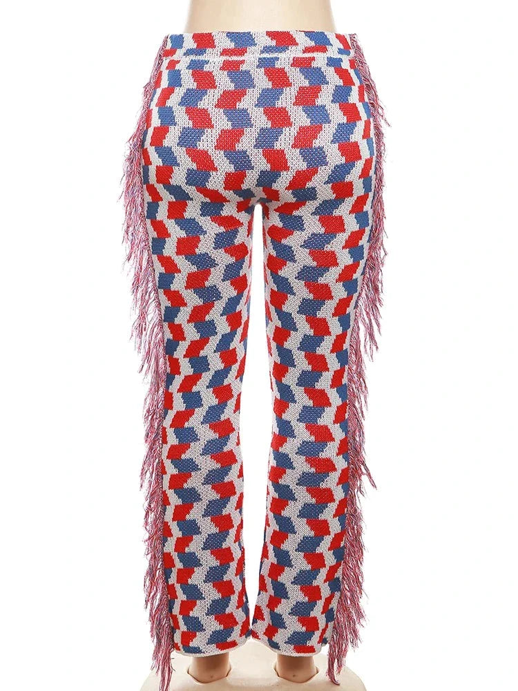 Knit Colorful Plaid Pants Women Fall Trend Skinny Stretch Side Furry Casual Trousers