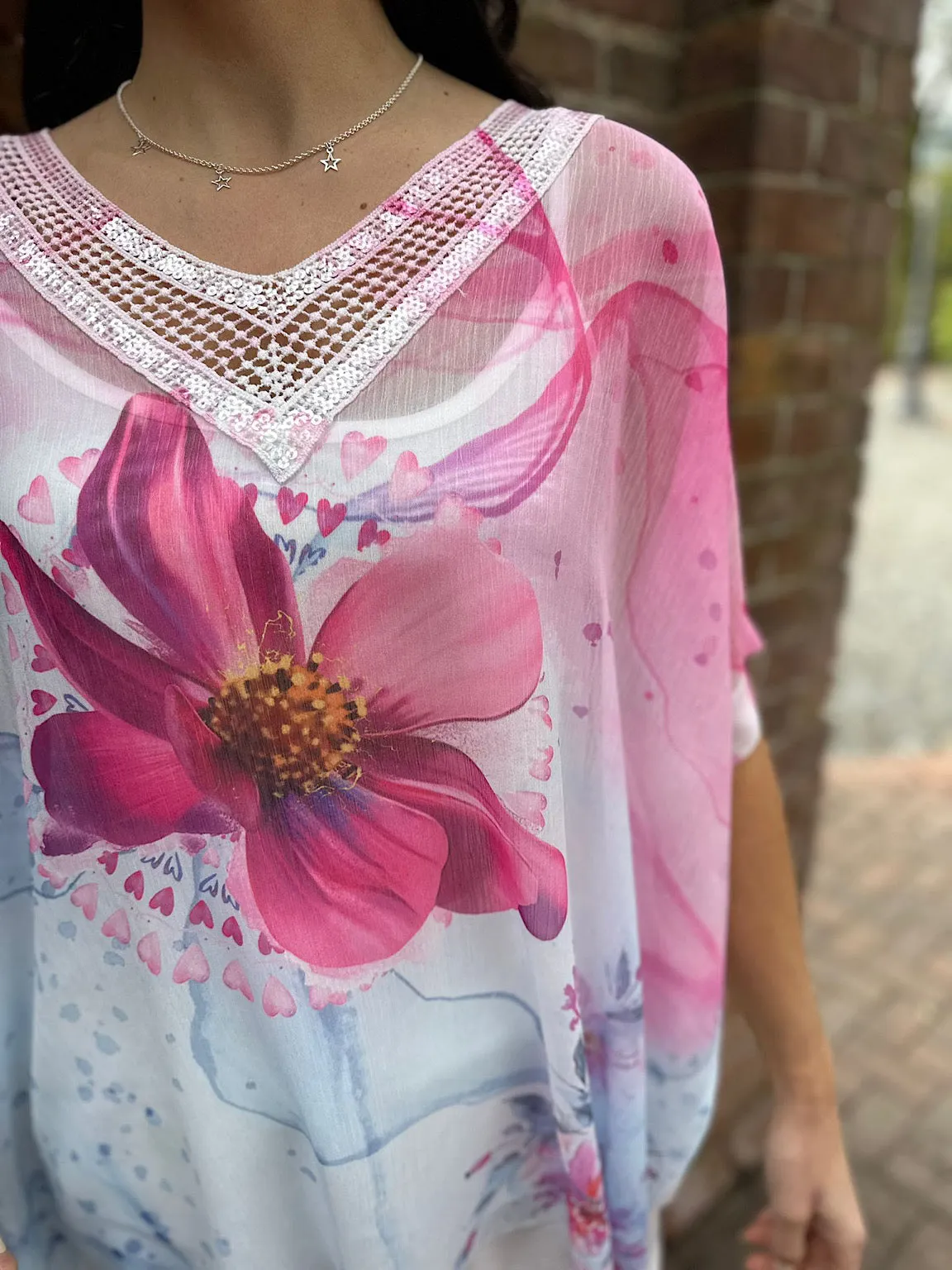 Lipstick Floral Sequin V Neck Top Vivian