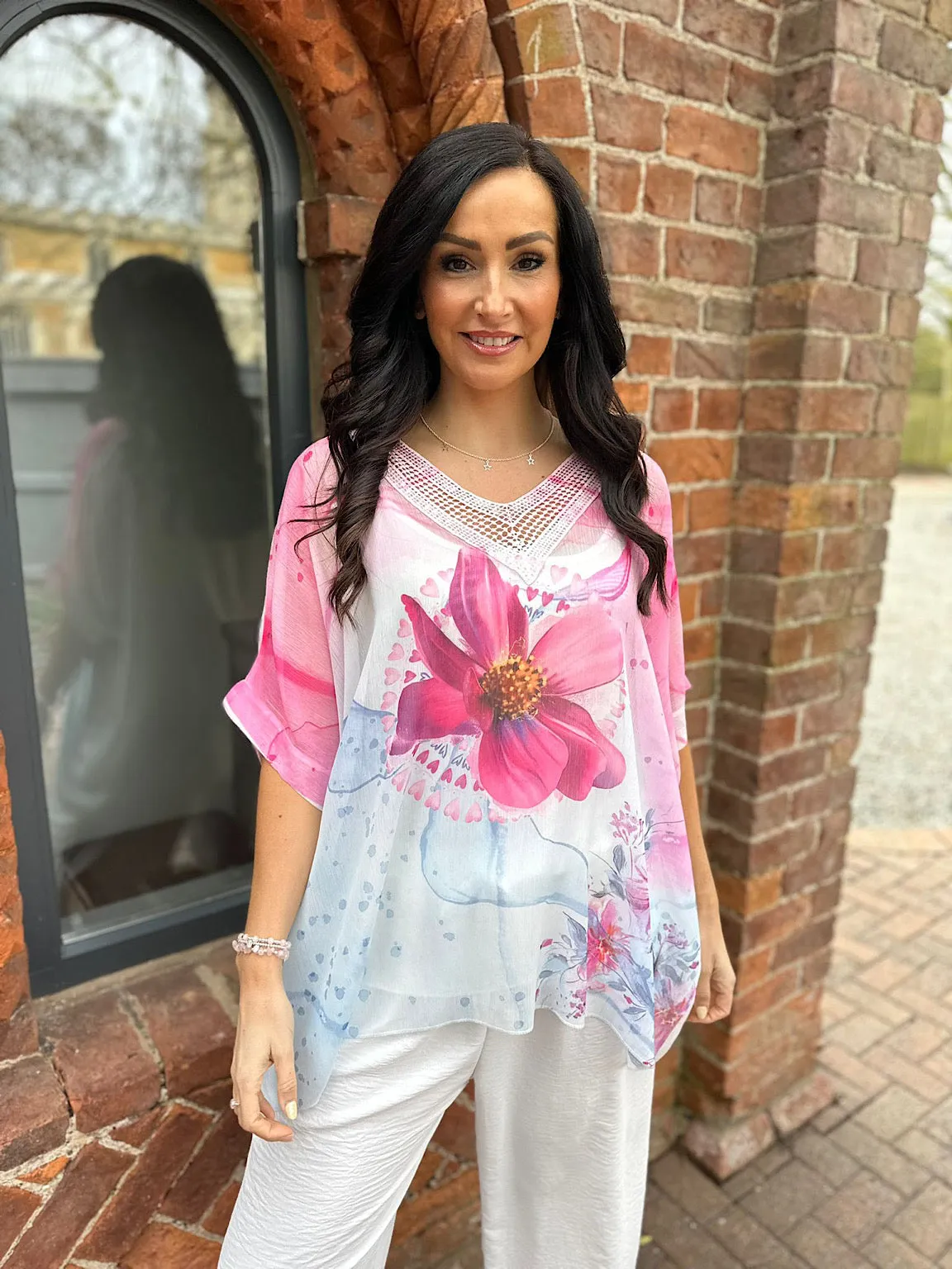 Lipstick Floral Sequin V Neck Top Vivian