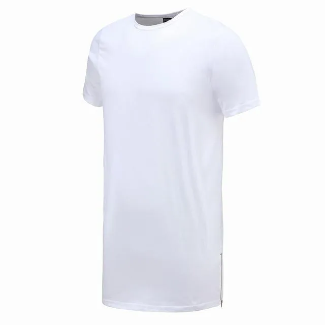 Long Size Black Men's Hip Hop Short Sleeve Casual T-Shirt with Zipper