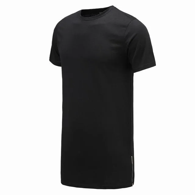 Long Size Black Men's Hip Hop Short Sleeve Casual T-Shirt with Zipper