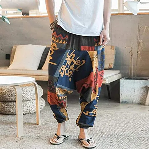 Men's Hip Hop Aladdin Hmong Baggy Cotton Linen Wide Leg Harem Pants on Clearance