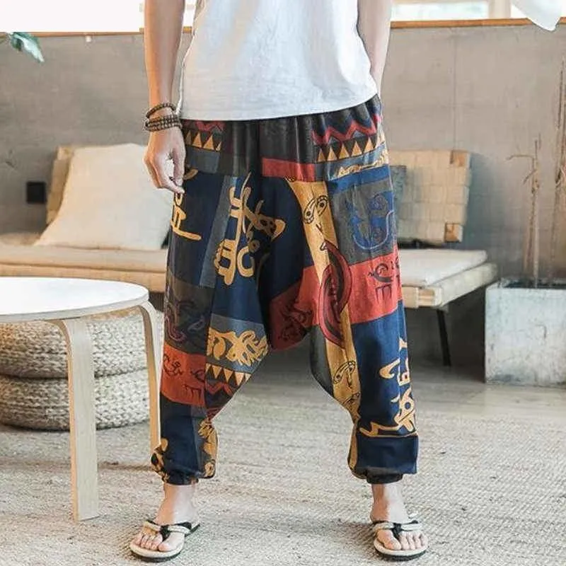 Men's Hip Hop Aladdin Hmong Baggy Cotton Linen Wide Leg Harem Pants on Clearance