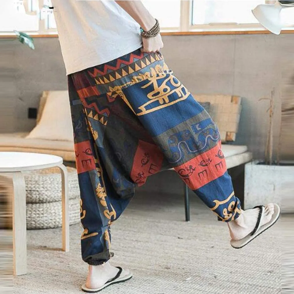 Men's Hip Hop Aladdin Hmong Baggy Cotton Linen Wide Leg Harem Pants on Clearance