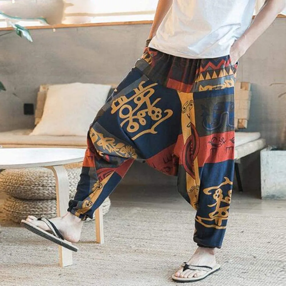 Men's Hip Hop Aladdin Hmong Baggy Cotton Linen Wide Leg Harem Pants on Clearance