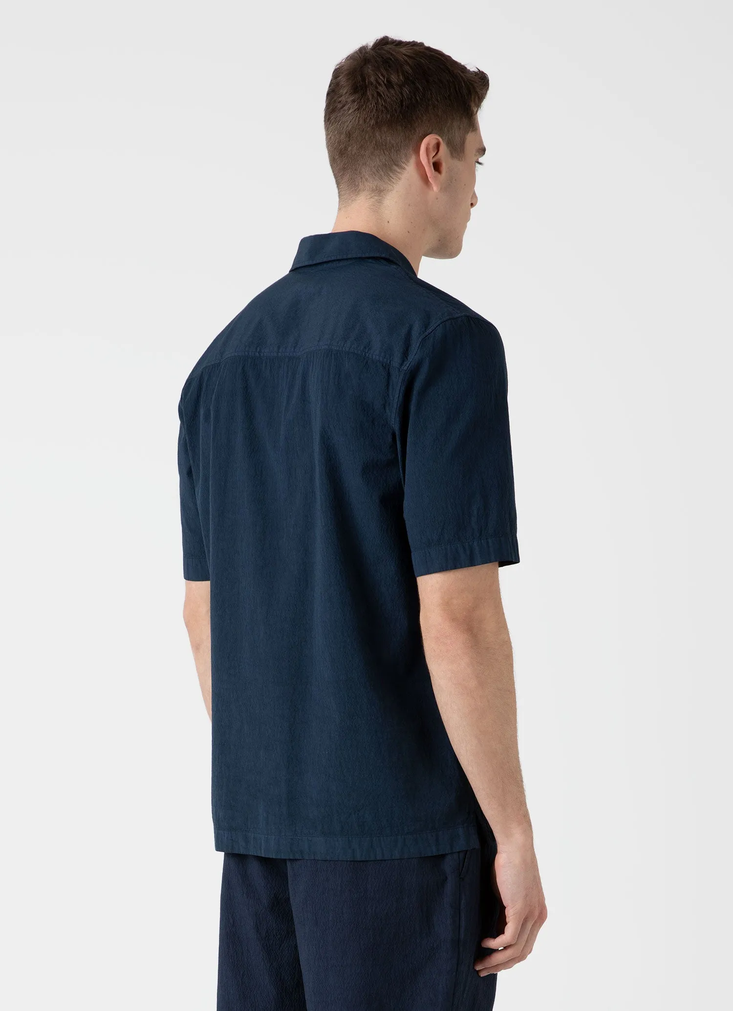 Men's Seersucker Camp Collar Shirt in Navy