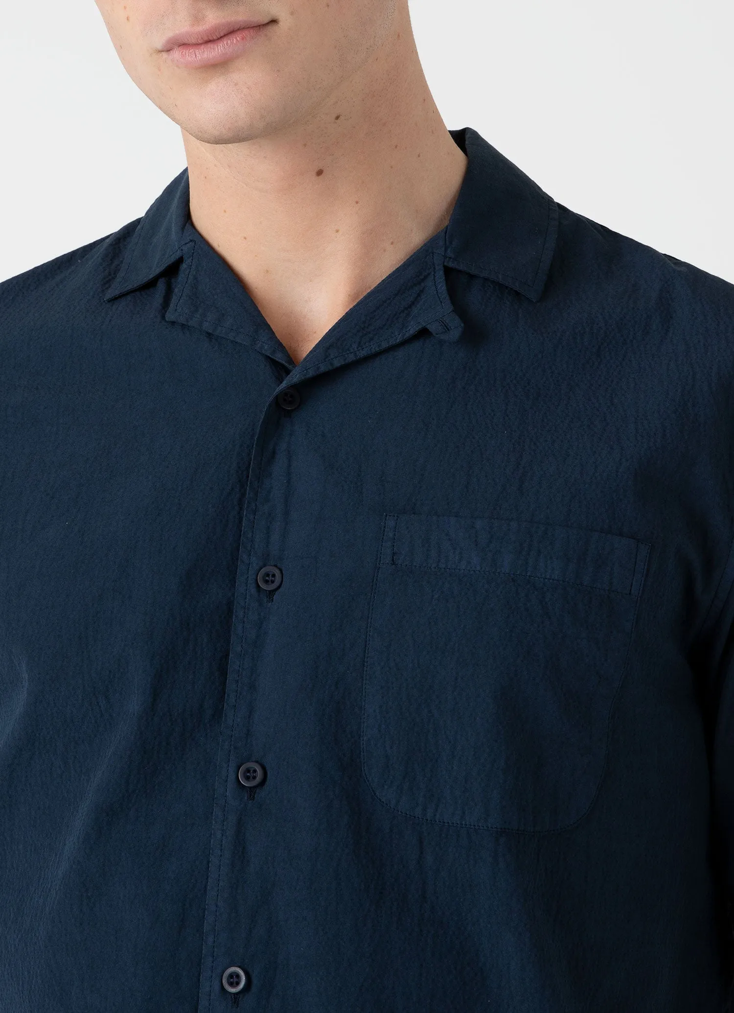 Men's Seersucker Camp Collar Shirt in Navy