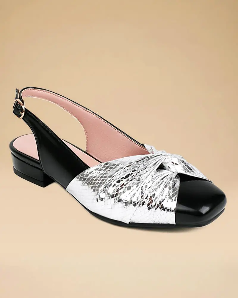 Patent Leather Square Toe Bow Back Block Heel Flats