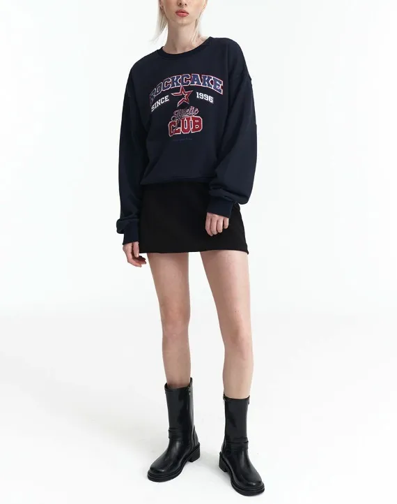 ROCKCAKE  |U-Neck Long Sleeves Cotton Oversized Logo