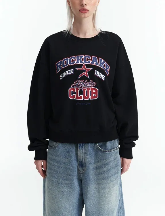 ROCKCAKE  |U-Neck Long Sleeves Cotton Oversized Logo