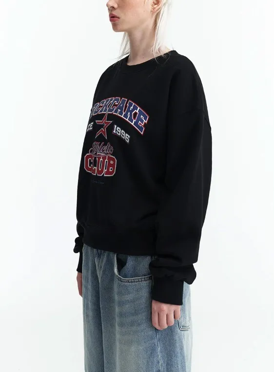 ROCKCAKE  |U-Neck Long Sleeves Cotton Oversized Logo