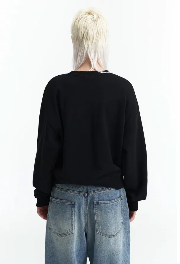 ROCKCAKE  |U-Neck Long Sleeves Cotton Oversized Logo