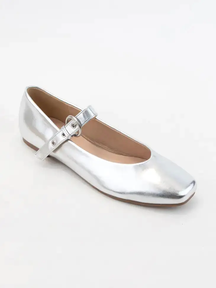 Semi Square Toe Buckle Strap Flats- Silver