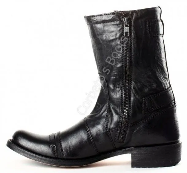 Sendra Boots mens mid calf black enginner boots with zipper