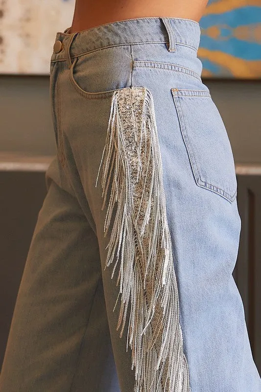 Side Sequin Fringe Denim Pant