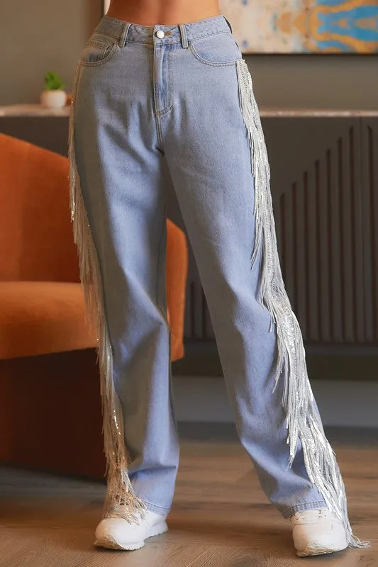 Side Sequin Fringe Denim Pant