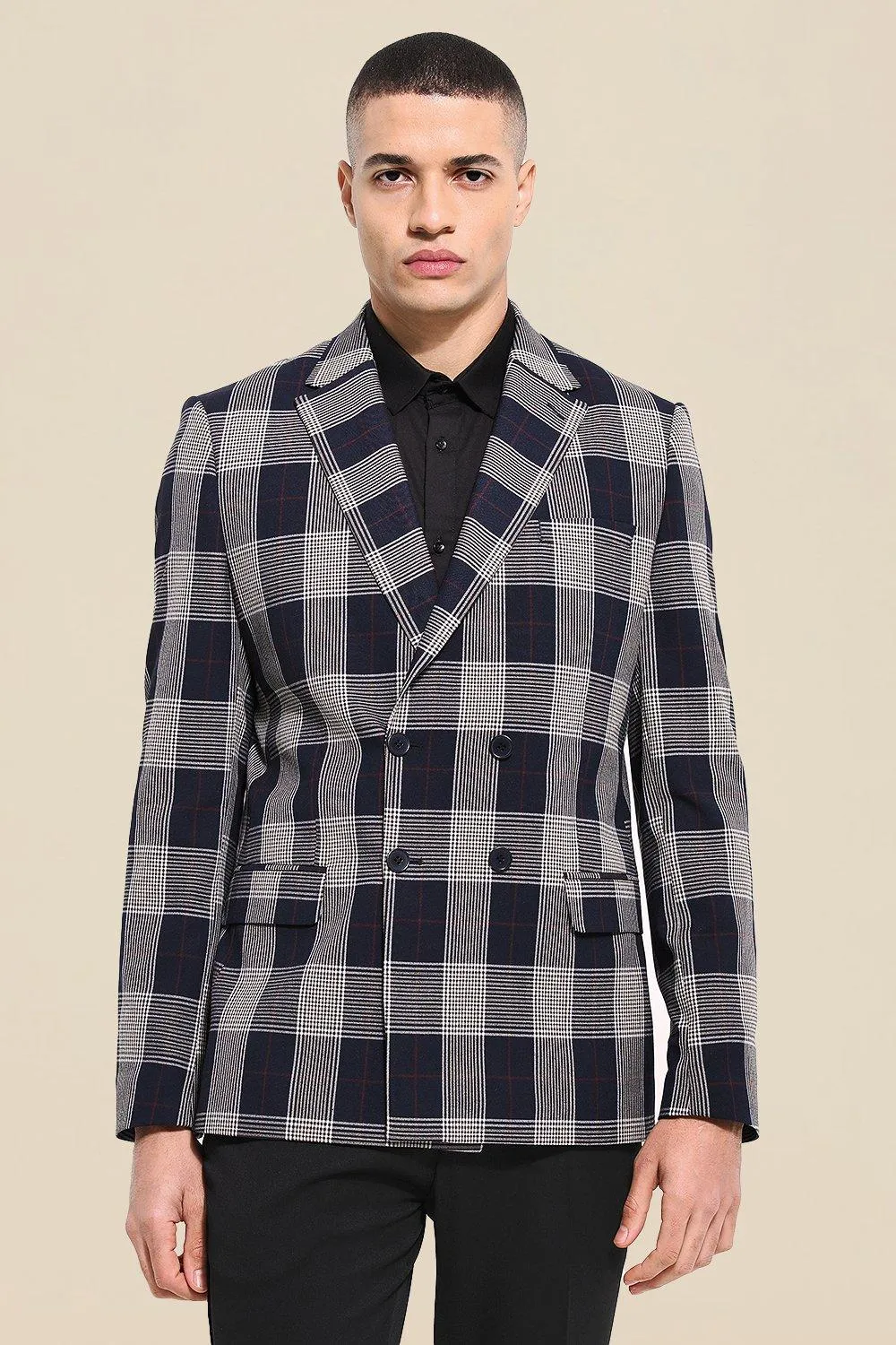 Slim Double Breasted Check Blazer