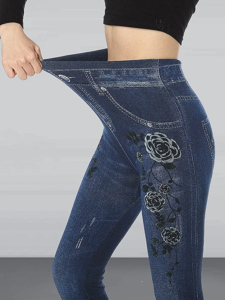 Slim Fit High Waist Ankle-Length Denim Leggings with Pockets